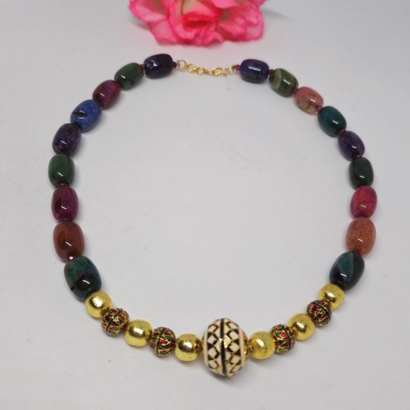 Enamel Cloisonne Crackle Agate Beaded Statement Necklace Gold Green Red Purple - Picture 11 of 14